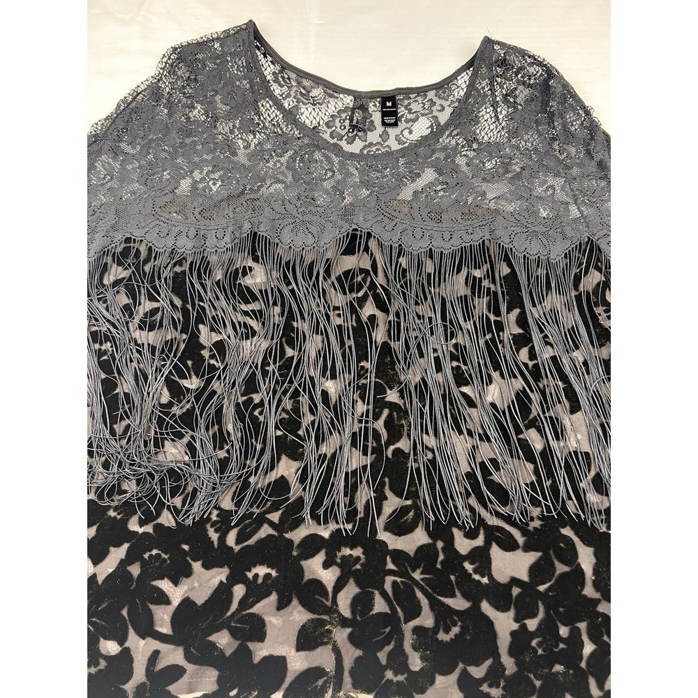 Whimsigoth Boho Fringe Velvet Lace Crop Top Sheer Burnout Festival Western Med